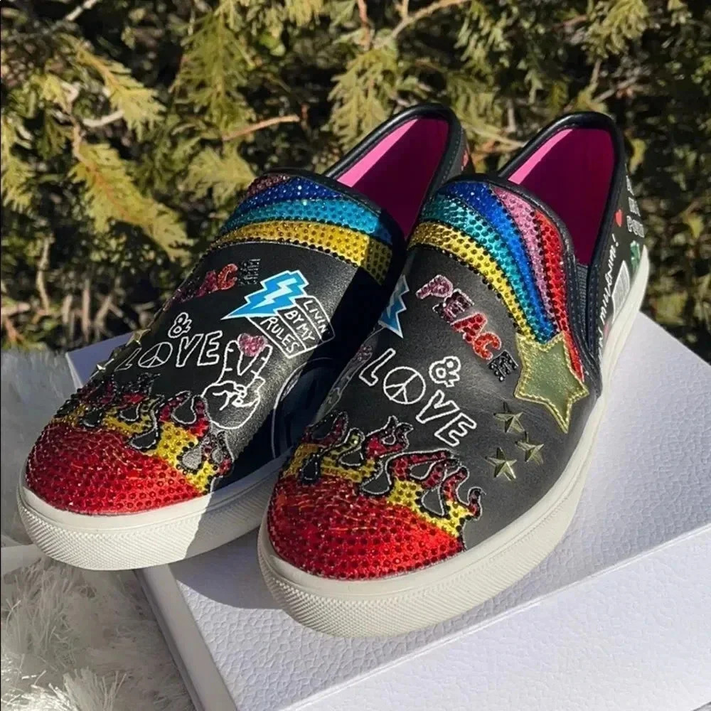 Steve Madden Black Slip-On Sneakers with Rainbow Embellishments